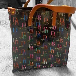 Dooney & Bourke 1975 Multicolor Logo Tote with leather Brown Handles
